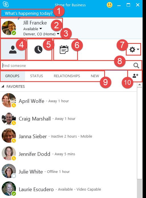 Skype for Business: Interface 1. Status bar 2. Presence 3. Location 4. Contacts 5. Conversation history 6.