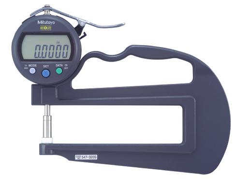 Application Products Application Products ABS Digimatic Thickness Gage 547-300S 547-320S 547-400S For one-touch quick measurement of the thickness of small parts, papers, and felt Rust-free ceramic