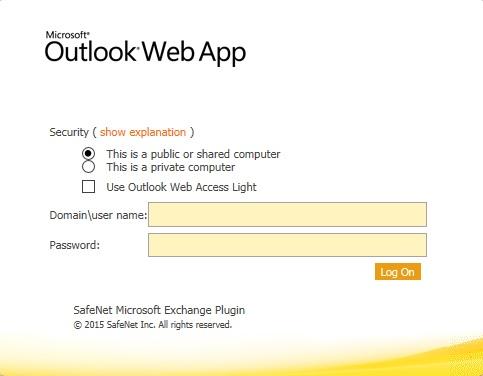 SafeNet Authentication Service Agent for Outlook Web App 2010 4. Do one of the following, and click Log On.