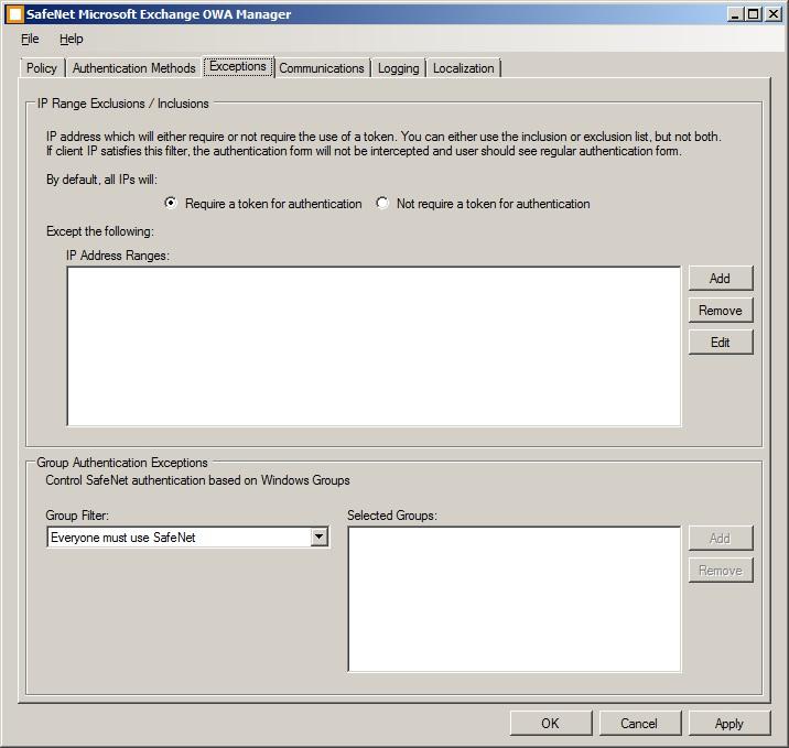 SafeNet Authentication Service Agent for Outlook Web App 2013 Allow administrators to specify (via Microsoft Groups) users who have been provided with GrIDsure or SMS Challenge-response tokens.