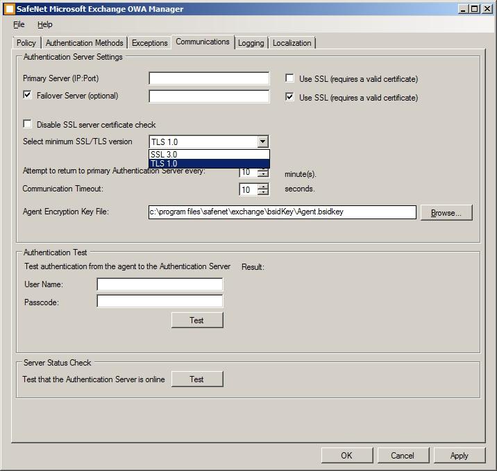 SafeNet Authentication Service Agent for Outlook Web App 2013 Communications Tab This tab deals primarily with the SAS connection options.