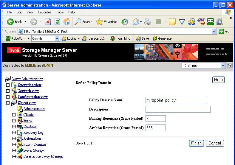 Configuring TSM for Mirapoint Backups Figure 12 Setting Policy Domain Options Creating a Policy Set A policy set is a policy object that contains the management classes defined for a policy domain.