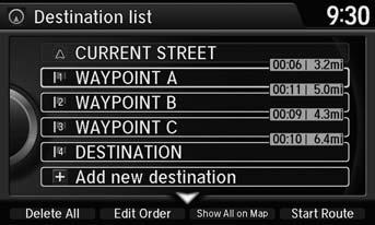 Changing Your Route Editing the Destination List Editing the Destination List Navigation Editing the Order of Waypoints H MENU button (when en