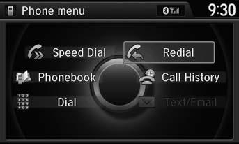 Bluetooth HandsFreeLink Making a Call Entering a Phone Number H MENU button (on Phone Settings) Dial 1. Rotate i to select a number. Press u.