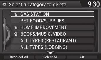 Personal Information Category History Category History H SETTINGS button Navi Settings Personal Info Category History The navigation system maintains a list of your recently used place categories as