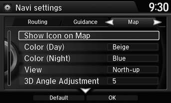 Map H SETTINGS button Navi Settings Map Select the landmark icons to display on the map, change the orientation of the map, display your current location, and learn the meaning of the icons, colors,