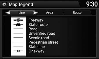 Map Map Legend Map Legend H SETTINGS button Navi Settings Map Map Legend See an overview of the map lines, areas, routes, traffic information, and navigation icons.