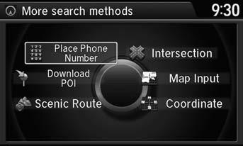 Entering a Destination Navigation H MENU button (on map) This section describes how to enter a destination for route guidance. Rotate i to select an item. Press u.