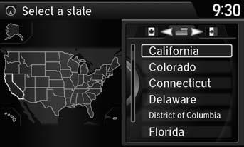 Entering a Destination Address Selecting the State or Province H MENU button Address Change State Rotate i to select a state from the list. Press u.