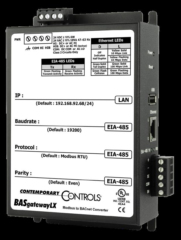 A total of 100 Modbus serial or TCP devices, represented by up to 1000 points can be made visible to the BACnet network by using a BASgatewayLX.