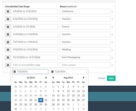 To add your leave hover over your name and select Account. Navigate to the Schedules Leave Tab and select Edit Scheduled Leave. Add the start date, end date and reason before submitting.