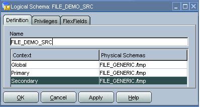 Click OK to save your changes. 4.1.6.5. Create the Flat File Logical Source. Click on the Logical Architecture tab, expand Technologies -> File. Double-click on FILE_DEMO_SRC.