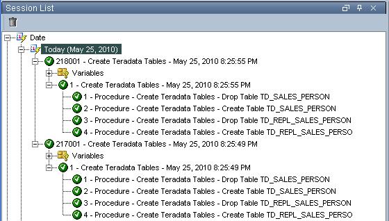 In the Session List pane, expand Date -> Today and you should see two successful executions of the Create Teradata Tables procedures. 5.3. Initialize Variables used by ODI.