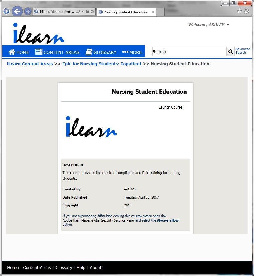Click on the course name in the Courses and Lessons section under elearning