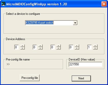 Select KSZ8795CLX switch and click Next button, Pop up a MDIO MIIM Configuration window as below: In