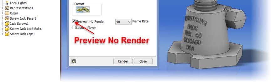 Many times, all we really need is a simple screenshot and the default graphics will do nicely. When you generate animations in Inventor Studio, there is a Preview option called No Render.
