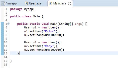 3. Create a static main method in the Main class that create and instantiate two User objects. Set the name and phone number through the setter. 4.