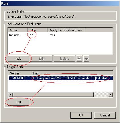 5. On the Replication Rules screen, select the first database directory path on the source machine. Highlight the directory that holds database files, and click the Add Rule button.