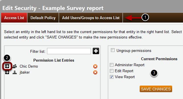 Once 'Permissions' is selected the report ACL will pop up. Follow the steps below to add a user and/or group of users to a report ACL: 1.