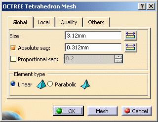 OCTREE Tetrahedron Mesher Page 167 This task will show you how to mesh a solid part using the OCTREE Tetrahedron Mesher. Open the sample41.catanalysis document from the samples directory. 1. Click the Octree Tetrahedron Mesher icon from the Meshing Methods toolbar.
