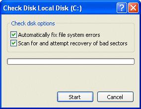 The Windows 98 equivalent to the Windows XP disk error-checking program (chkdsk.exe) is the ScanDisk utility, accessed via Start > Programs > Accessories > System Tools.
