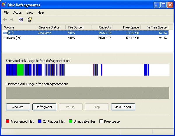 capacity and amount of free space for each. Select the drive you want to defragment and click Analyse.