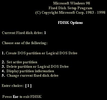 4. Choose "Y" to enable large disk support.you will now be presented with the FDISK main menu as shown below. 5.