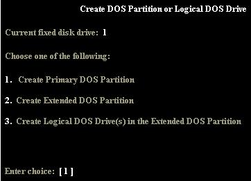 Choose option 1 - Create primary DOS Partition.