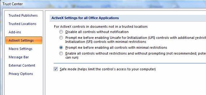 Under ActiveX Settings, select Prompt me before enabling all controls with minimal restrictions as shown below.