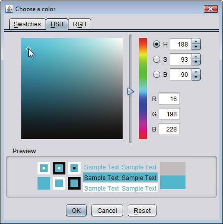 15.3 Color Control 641 Class JColorChooser provides static method showdialog, which creates a JColor- Chooser object, attaches it to a dialog box and displays the dialog. Lines 36 37 of Fig. 15.