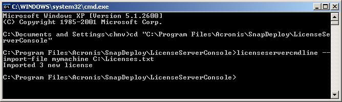 LicenseServerCmdLine --import-file <server name> <file name> In this command: <server name> is the name of the machine where Acronis Snap Deploy 5 License Server is installed.