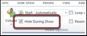 Hide During Show A second setting you will want to enable is to have the audio icon hidden during the presentation.