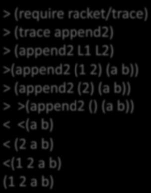 Visulizing Append > (require rcket/trce) > (trce ppend2) > (ppend2 L1 L2) >(ppend2 (1 2) ( )) > (ppend2 (2)