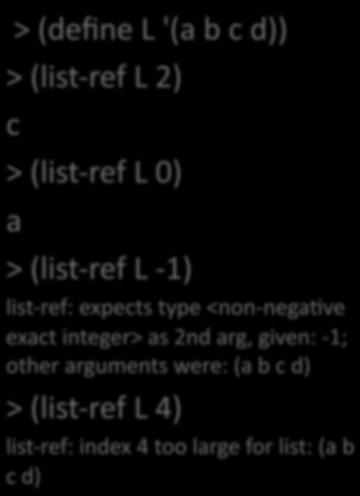 > (define L '( c d)) > (list- ref L 2) c > (list- ref L 0) > (list- ref L - 1) list- ref: expects type <non- neg?