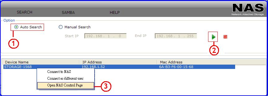 Select Auto Search and when Turbo NAS is found, right click the mouse button