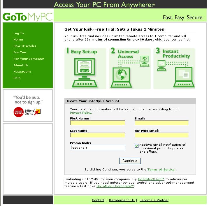 A regular free trial page from GoToMyPc. Here is an interior page on the site, offering a free trial.