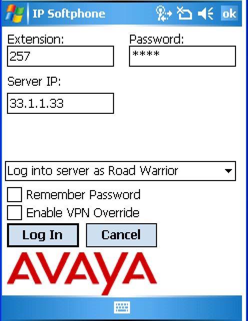 Step 3 To register Avaya IP Softphone for Windows Mobile 5 with Avaya Communication Manager, the Extension, Password and Avaya Communication Manager IP address (e.g., S8300 Server in this case) must be entered as shown below.