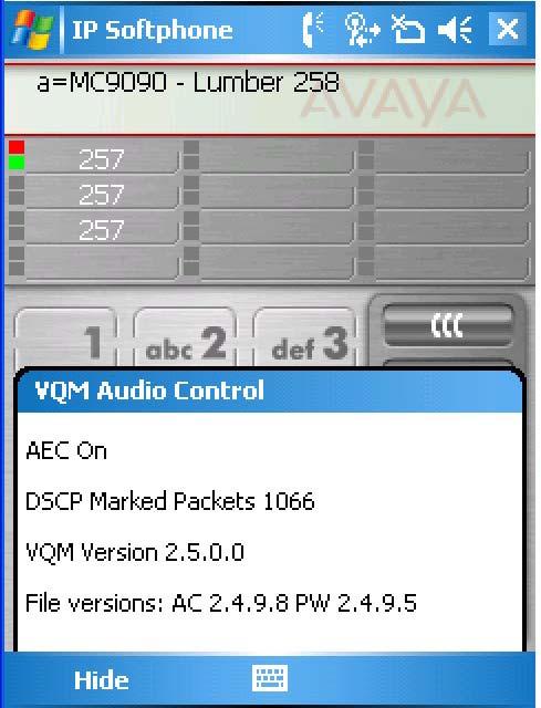6.2.2. Acoustic Echo Cancellation (AEC) and DSCP Marking The display shown below illustrates the MC70 display while on an active call with Avaya IP Softphone for Windows Mobile 5.