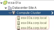Compute Cluster Configuration Expand the Compute Cluster. Currently there are three hosts within the cluster. esx-03a, esx-04a, esx-05a.