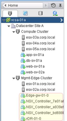 Management Cluster Virtual Machines The Mgmt-Edge-Cluster currently has five Virtual Machines. The virtual machines consist of NSX Controllers and Edge Gateway services for the virtualized network.