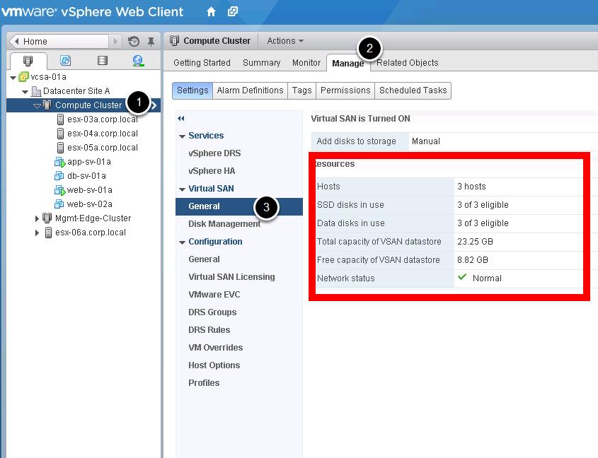 Compute Cluster VSAN General Information Highlight Compute Cluster Click on Manage Tab Click on General under Virtual SAN As we can see Virtual SAN is Turned ON and the Add Disks to Storage is set to