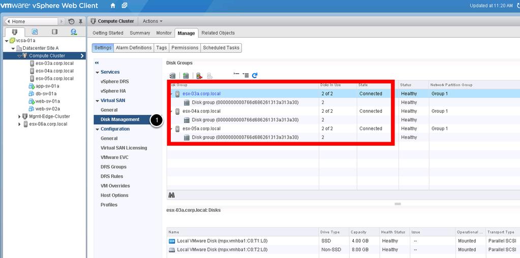 Review Disk Configuration of VSAN Compute Cluster Click on Disk Management under Virtual SAN. Notice that there are 3 Hosts all contributing storage to the VSAN cluster.
