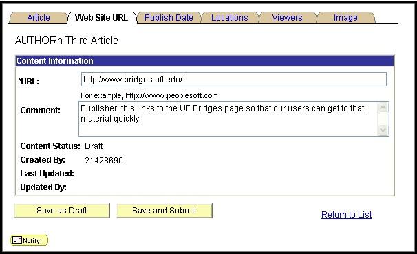 Web Site URL This is where you specify the URL. It needs the entire address. You can only include one per article Fig. 1-22 Publish Date Use today s date as the Publish Date.