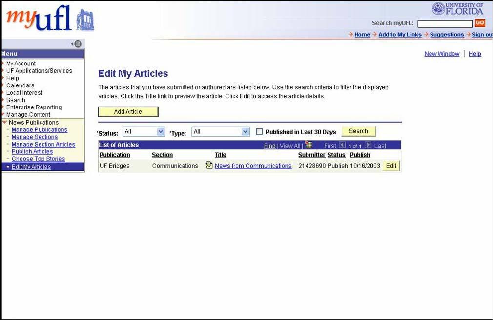 Use Manage Content in the myufl Menu We are going to create a new article by using the Manage Content function in your myufl menu. 1. Click on the Manage Content link. (See Fig. 1-7) 2.