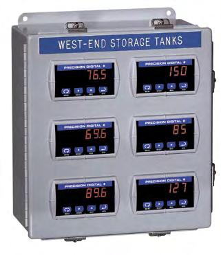 The meters are mounted in the enclosure door so they can be programmed without opening the enclosure. Options include 2" pipe mounting kits and engraved plastic labels.
