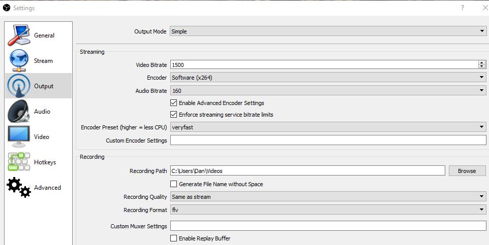 Note the Video Bitrate. I find my streaming works best when this closely matches the bitrate you set for your camera in step 1. I also find the Encoder Preset setting veryfast works best for me.
