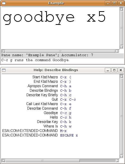Figure 2: The example application of figure 1, with a help window showing commands and their associated keybindings.