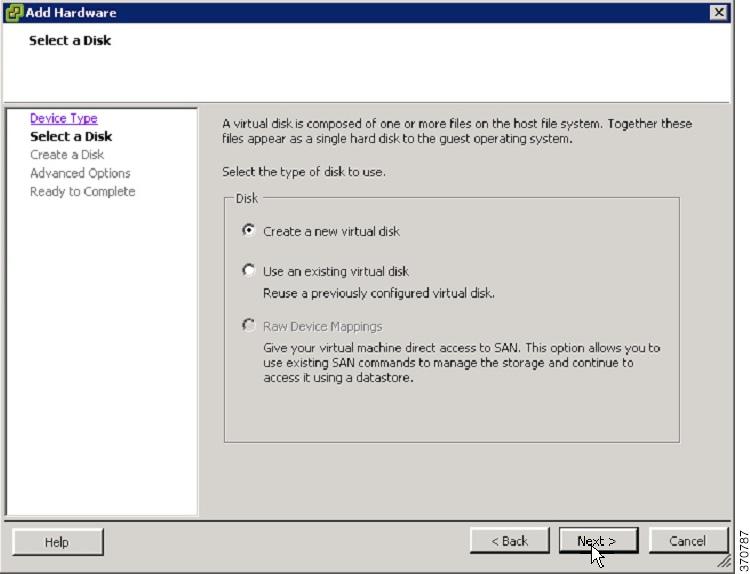 Step 8 Add Hardware Select a Disk window opens. By deafault, Create a new virtual disk option is selected.