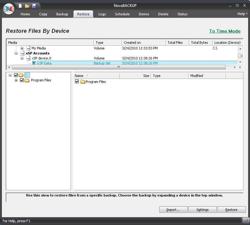 This view displays a restorable fileset contained in a specific backup.