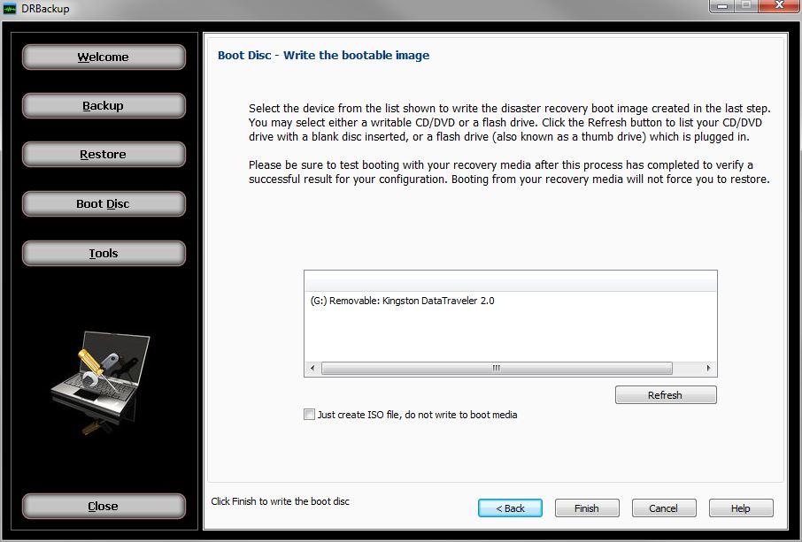 Select the device from the list shown to write the disaster recovery boot image created in the last step. You may select either a writable CD/DVD or a flash drive.